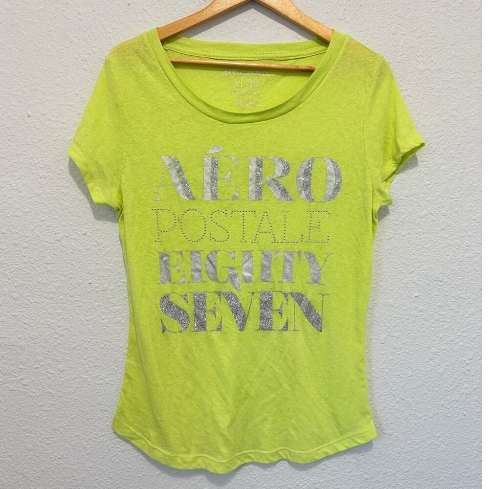 y2k aeropostale neon green t-shirt sparkly preppy prep redux aero vintage